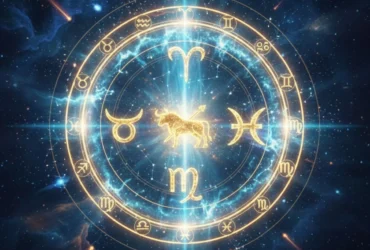 Ilustração editorial de um portal energético luminoso no sábado, com símbolos do zodíaco representando Touro, Sagitário e Peixes.