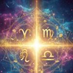 Ilustração editorial de um fim de semana iluminado com símbolos astrológicos representando o início de um ciclo de prosperidade para quatro signos.