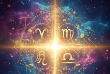 Ilustração editorial de um fim de semana iluminado com símbolos astrológicos representando o início de um ciclo de prosperidade para quatro signos.