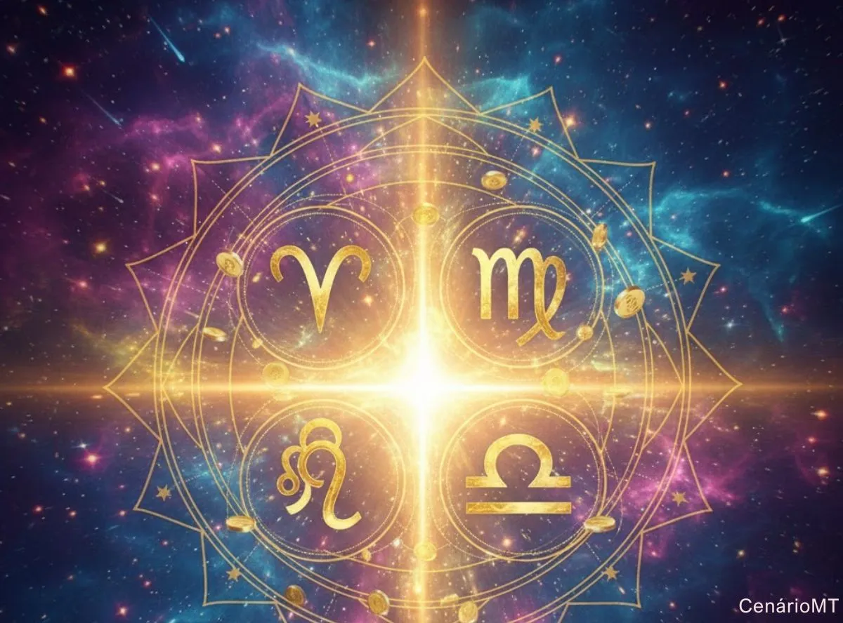 Ilustração editorial de um fim de semana iluminado com símbolos astrológicos representando o início de um ciclo de prosperidade para quatro signos.