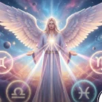 Ilustração editorial do Arcanjo Haniel irradiando luz suave sobre quatro signos do zodíaco, simbolizando proteção e favorecimento no amor.