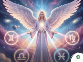 Ilustração editorial do Arcanjo Haniel irradiando luz suave sobre quatro signos do zodíaco, simbolizando proteção e favorecimento no amor.