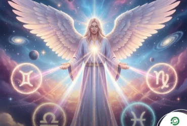 Ilustração editorial do Arcanjo Haniel irradiando luz suave sobre quatro signos do zodíaco, simbolizando proteção e favorecimento no amor.