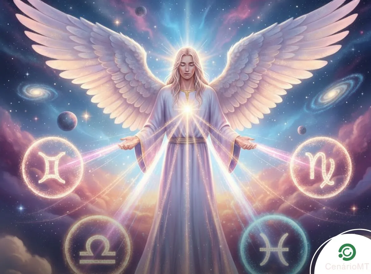 Ilustração editorial do Arcanjo Haniel irradiando luz suave sobre quatro signos do zodíaco, simbolizando proteção e favorecimento no amor.