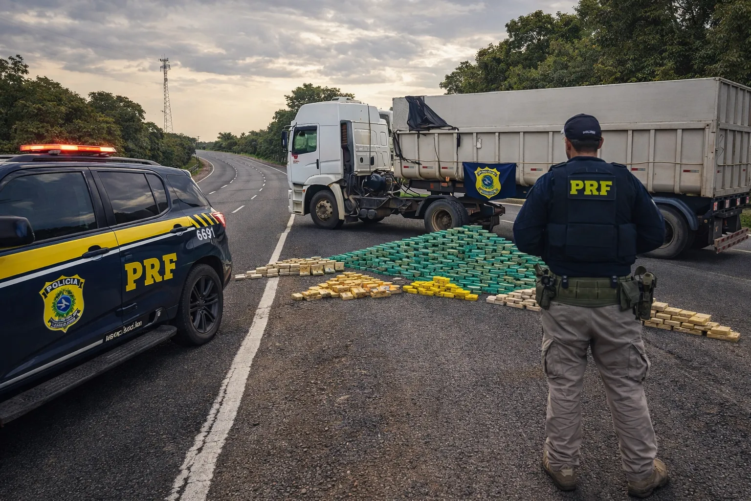 Ação da PRF na BR-070 resulta na apreensão de centenas de quilos de drogas em caminhão