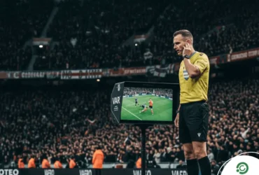 Foto de árbitro consultando o VAR durante partida de futebol em estádio lotado.
