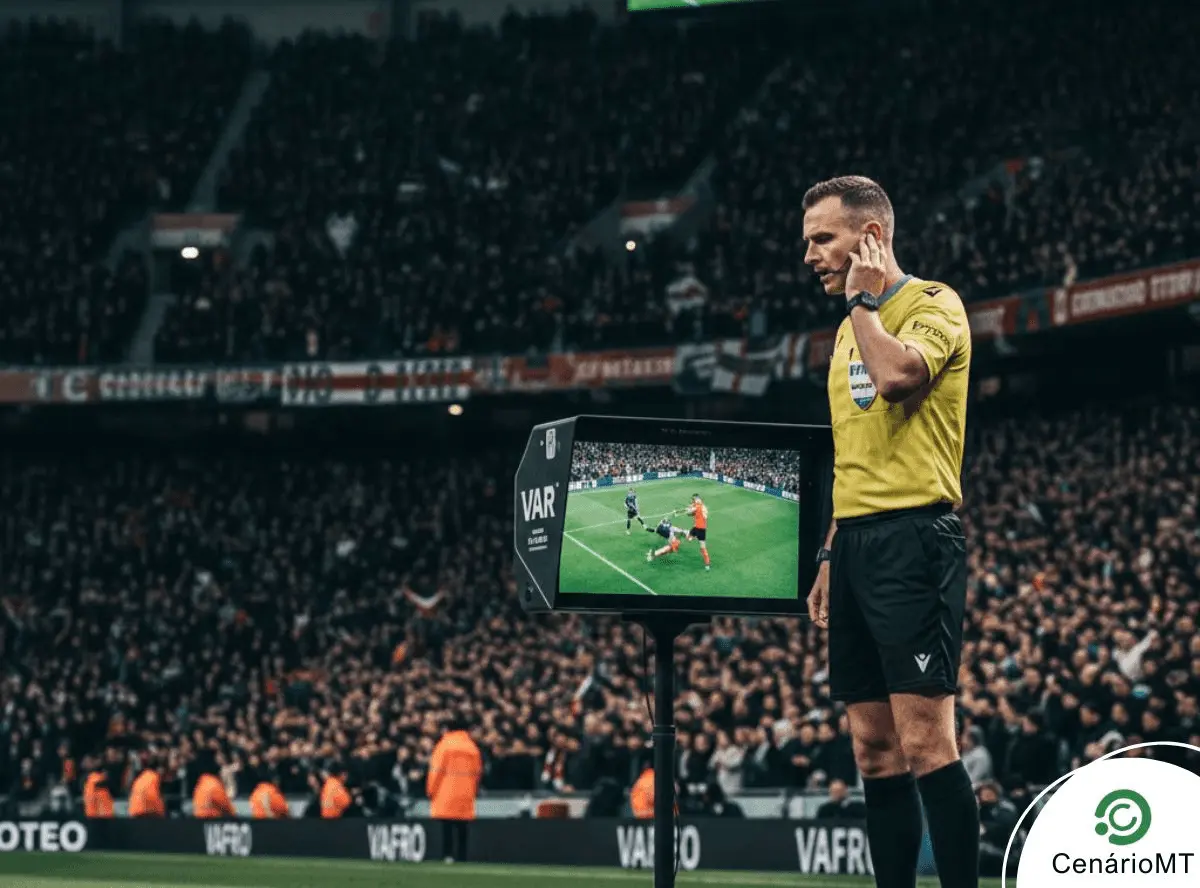 Foto de árbitro consultando o VAR durante partida de futebol em estádio lotado.