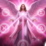 Ilustração do Arcanjo Samuel com luz rosada simbolizando aproximação amorosa para Leão, Virgem, Escorpião e Peixes.