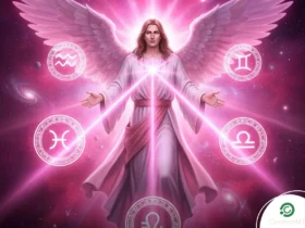 Ilustração do Arcanjo Samuel com luz rosada simbolizando aproximação amorosa para Leão, Virgem, Escorpião e Peixes.