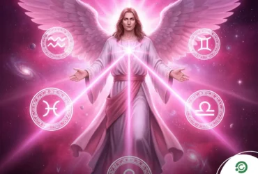 Ilustração do Arcanjo Samuel com luz rosada simbolizando aproximação amorosa para Leão, Virgem, Escorpião e Peixes.