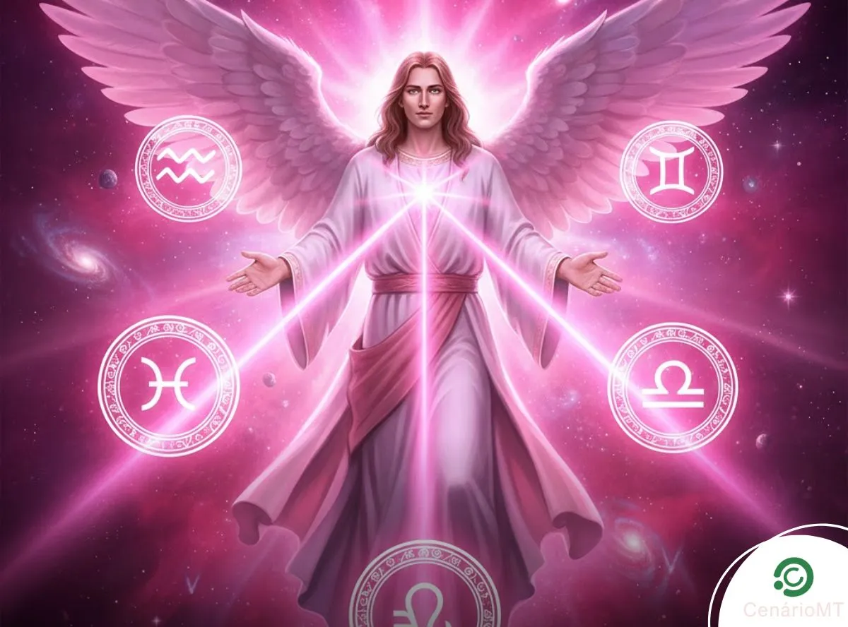 Ilustração do Arcanjo Samuel com luz rosada simbolizando aproximação amorosa para Leão, Virgem, Escorpião e Peixes.