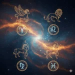 Ilustração astrológica representando os signos Áries, Leão, Sagitário e Aquário em um fundo cósmico.