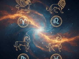 Ilustração astrológica representando os signos Áries, Leão, Sagitário e Aquário em um fundo cósmico.