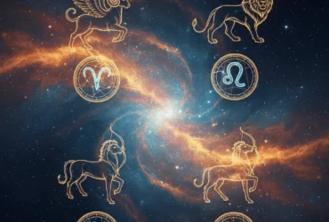 Ilustração astrológica representando os signos Áries, Leão, Sagitário e Aquário em um fundo cósmico.