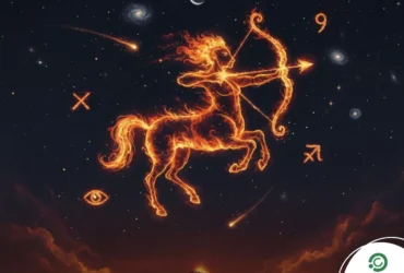 Céu noturno com Lua Nova, elementos de fogo ou símbolos de Sagitário