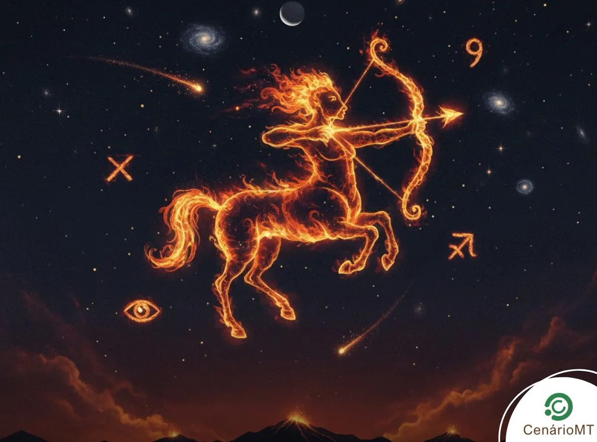 Céu noturno com Lua Nova, elementos de fogo ou símbolos de Sagitário