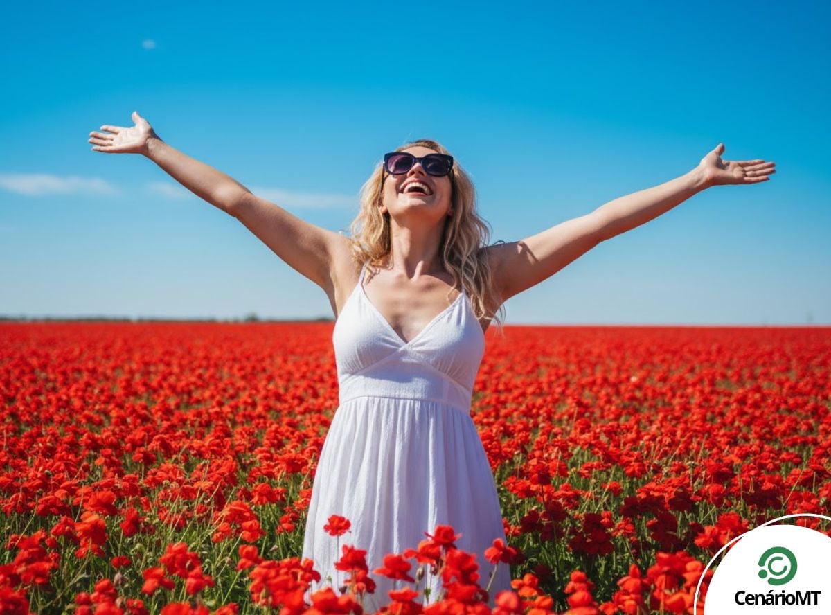 Mulher feliz em uma plantação de flores vermelhas