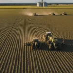 Plantio de soja em Mato Grosso durante a safra 2025/26, com máquinas no campo após conclusão da semeadura.