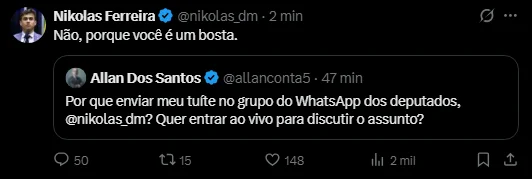 Nikolas xinga bolsonarista foragido: “Você é um bosta”