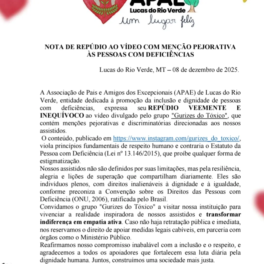 APAE de Lucas do Rio Verde repudia vídeo com teor discriminatório e cobra retratação pública