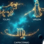 Ilustração astrológica com os signos Touro, Virgem e Capricórnio destacando ciclo financeiro