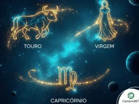 Ilustração astrológica com os signos Touro, Virgem e Capricórnio destacando ciclo financeiro