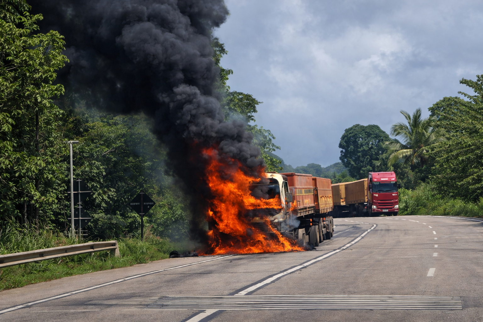 Carreta Volvo pega fogo e provoca bloqueio total da BR-364 em Mato Grosso