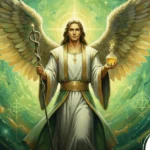 Ilustração do Arcanjo Rafael com luz verde ao fundo, simbolizando cura, proteção e prosperidade espiritual.