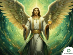 Ilustração do Arcanjo Rafael com luz verde ao fundo, simbolizando cura, proteção e prosperidade espiritual.