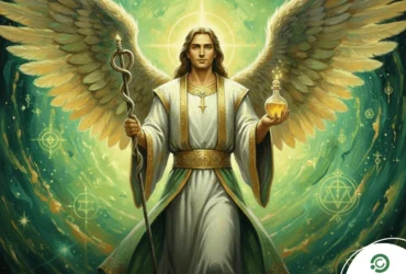 Ilustração do Arcanjo Rafael com luz verde ao fundo, simbolizando cura, proteção e prosperidade espiritual.