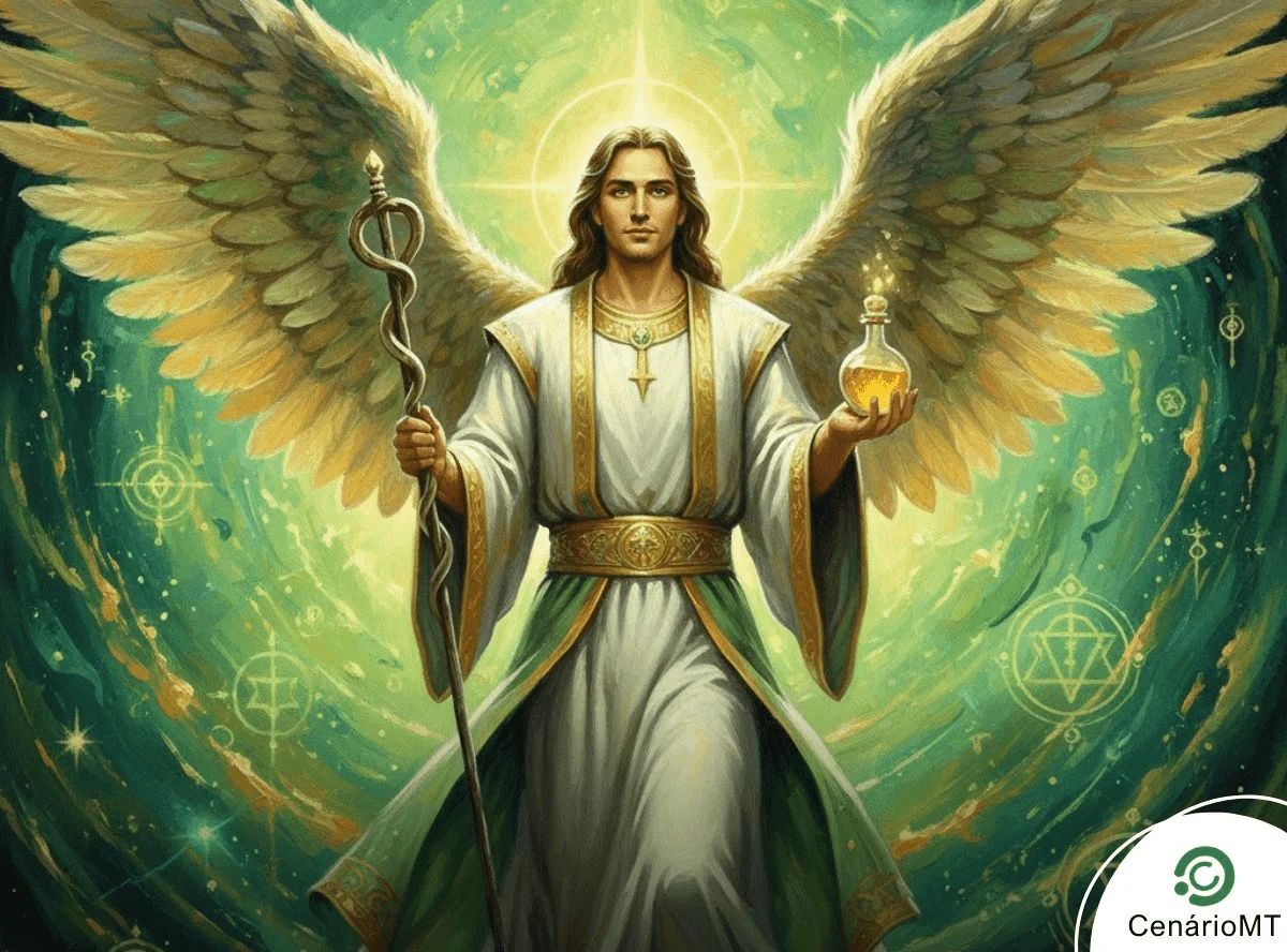 Ilustração do Arcanjo Rafael com luz verde ao fundo, simbolizando cura, proteção e prosperidade espiritual.