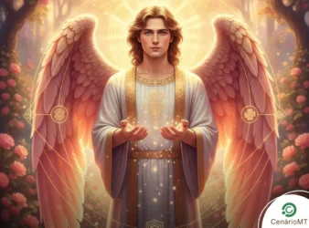 Arcanjo Barachiel representado com luz suave simbolizando sorte e bênçãos discretas para quatro signos.