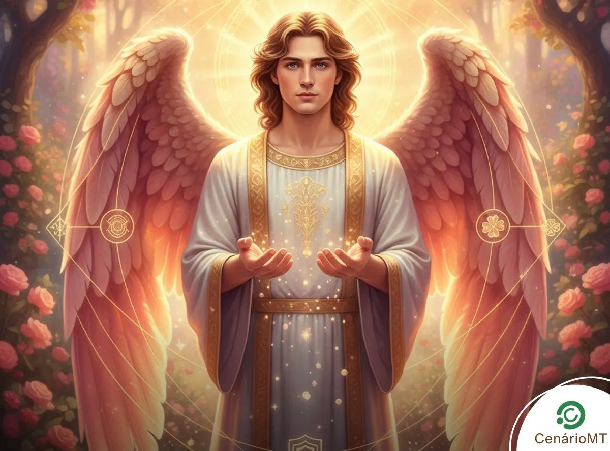 Arcanjo Barachiel representado com luz suave simbolizando sorte e bênçãos discretas para quatro signos.