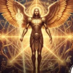 Arcanjo Metatron em luz dourada com símbolos de geometria sagrada representando crescimento estratégico.