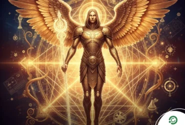 Arcanjo Metatron em luz dourada com símbolos de geometria sagrada representando crescimento estratégico.