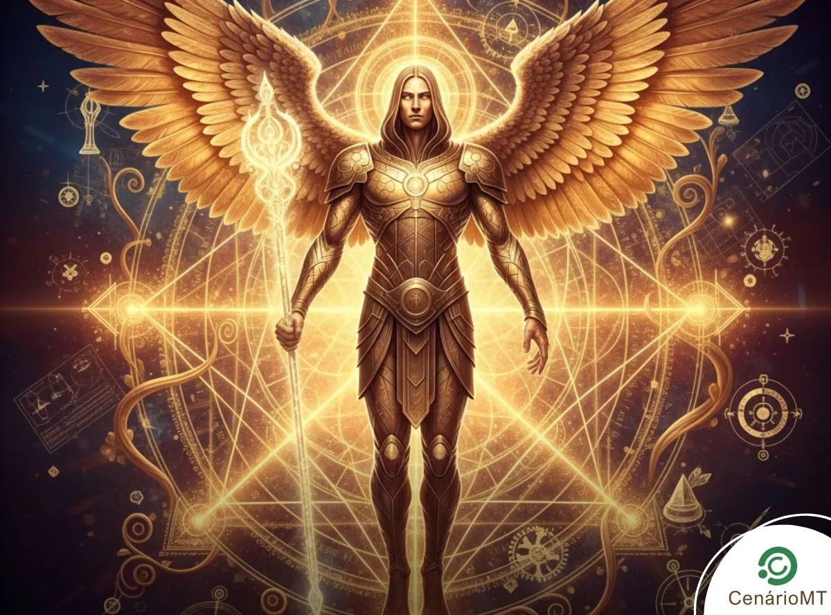 Arcanjo Metatron em luz dourada com símbolos de geometria sagrada representando crescimento estratégico.