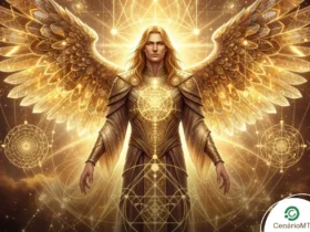 Arcanjo Metatron irradiando luz dourada e geometria sagrada representando prosperidade estratégica para quatro signos.