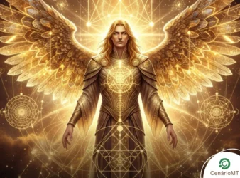 Arcanjo Metatron irradiando luz dourada e geometria sagrada representando prosperidade estratégica para quatro signos.