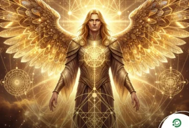 Arcanjo Metatron irradiando luz dourada e geometria sagrada representando prosperidade estratégica para quatro signos.
