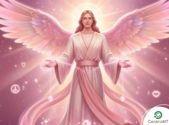 Ilustração do Arcanjo Samuel com luz suave simbolizando harmonia e diálogos profundos para quatro signos.