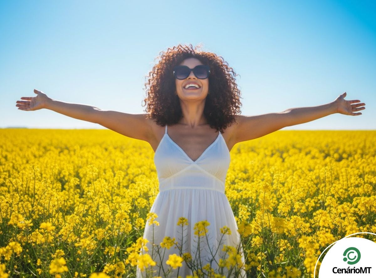 mulher feliz em plantacao de flores