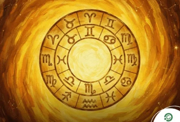 Ilustração dos signos de Escorpião, Libra, Câncer e Leão sobre fundo celestial, simbolizando novidades e energia positiva no dia 16 de dezembro.