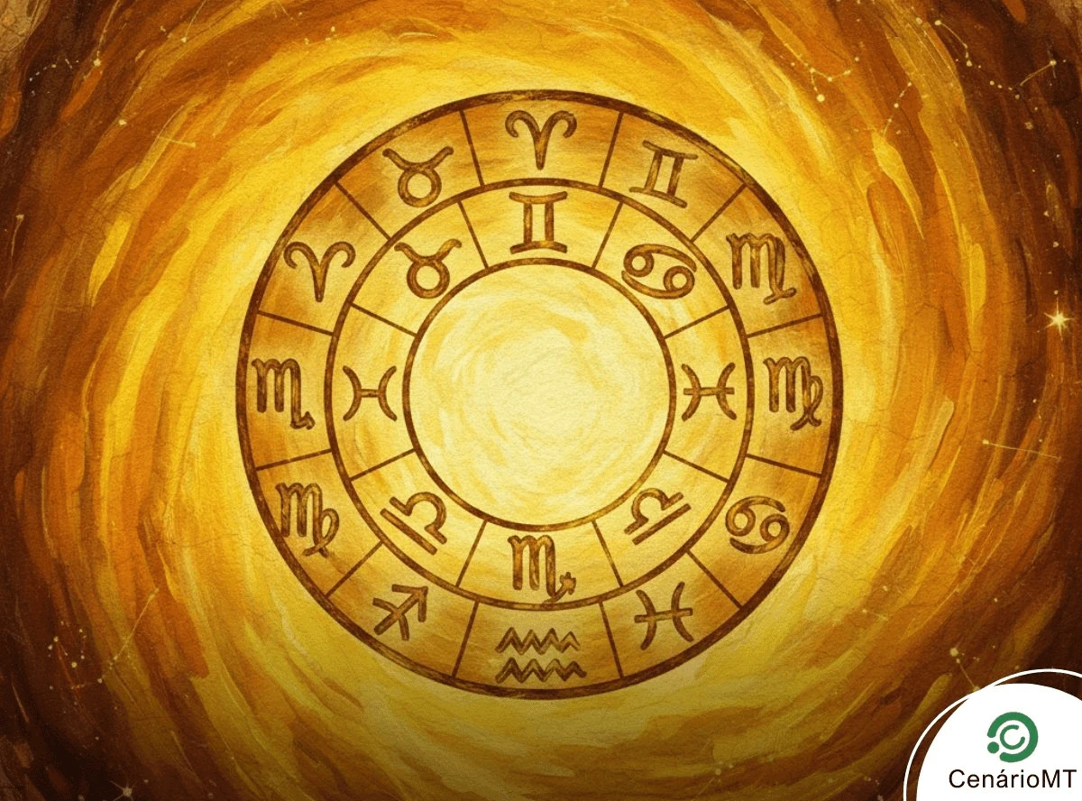 Ilustração dos signos de Escorpião, Libra, Câncer e Leão sobre fundo celestial, simbolizando novidades e energia positiva no dia 16 de dezembro.