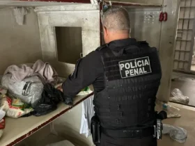 Policial Penal procurando drogas e materiais ilícitos em itens de visitante