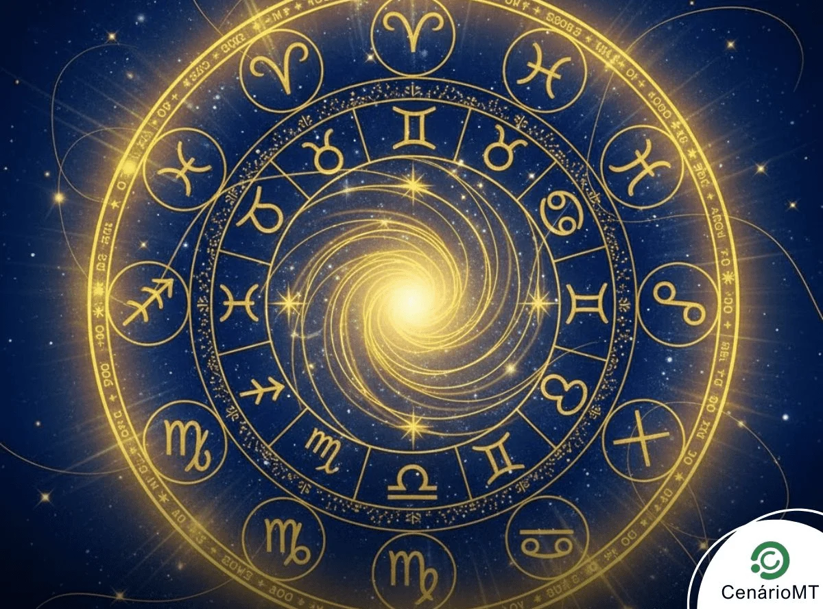 Ilustração dos 12 signos do zodíaco organizados em uma mandala astrológica sobre fundo azul, simbolizando as energias da semana de 11 a 15 de dezembro.