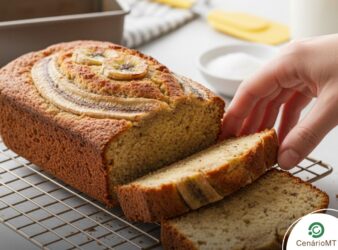 Bolo de banana caseiro recém-assado, dourado e macio