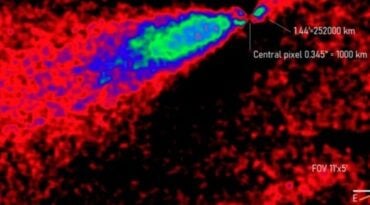 Uma das últimas fotos do 3I/ATLAS com caudas direcionadas em direções diferentes.