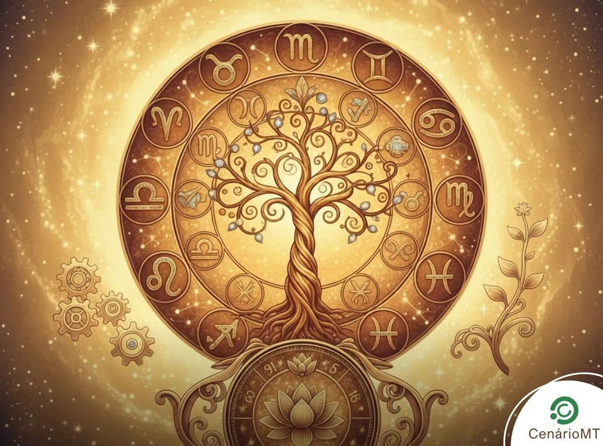 Ilustração dos signos do zodíaco simbolizando fases favoráveis, crescimento e estabilidade ao longo de 2026