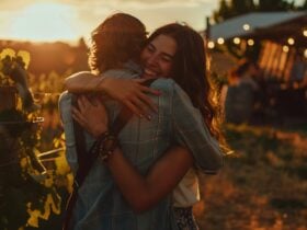 Casal feliz abraçado simbolizando reconciliação e harmonia no relacionamento.