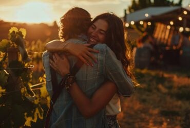 Casal feliz abraçado simbolizando reconciliação e harmonia no relacionamento.